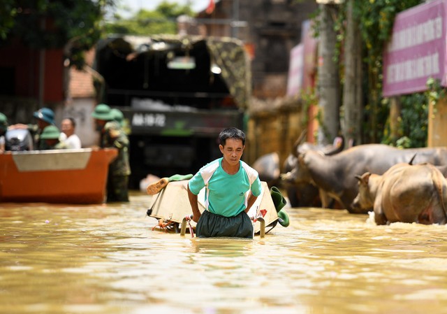 Sau 1 tuần mưa, người Hà Nội dùng thuyền tự chế, bơi trong dòng nước ngập ao bèo về nhà - Ảnh 16.