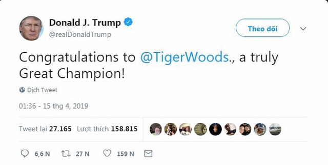 Tổng thống Trump, Obama và hàng loạt ngôi sao hân hoan chúc mừng chiến thắng của huyền thoại golf Tiger Woods trong giải Master 2019 - Ảnh 1.