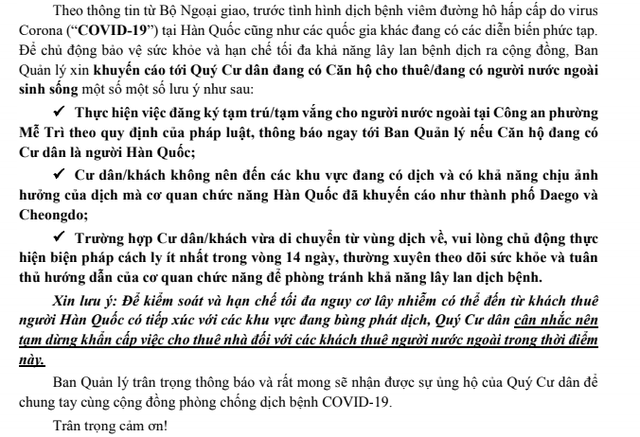 Thông báo của một Ban quản lý chung cư khu vực Nam Từ Liêm