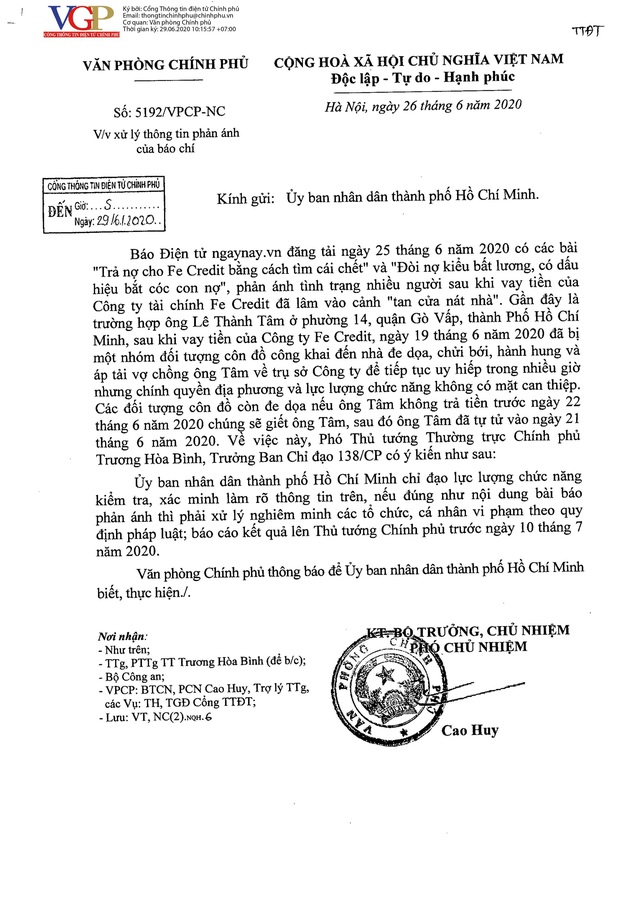 Phó Thủ tướng Trương Hoà Bình yêu cầu làm rõ thông tin bài báo Trả nợ cho Fe Credit bằng cách tìm cái chết - Ảnh 1. Phó Thủ tướng Trương Hoà Bình yêu cầu làm rõ thông tin bài báo Trả nợ cho Fe Credit bằng cách tìm cái chết - Ảnh 1.