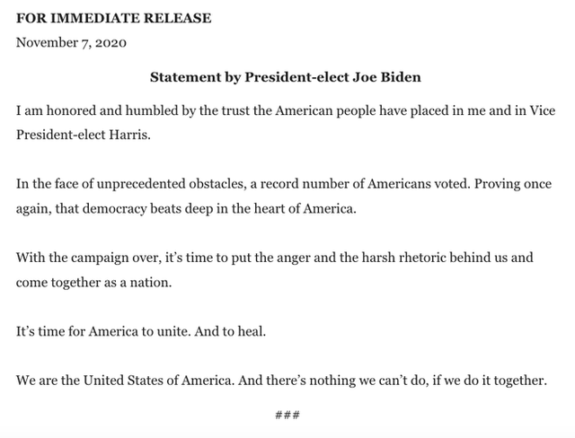  Tuyên bố đầu tiên của ông Biden sau khi đắc cử Tổng thống Mỹ: Tôi vinh dự khi được các bạn lựa chọn - Ảnh 2.