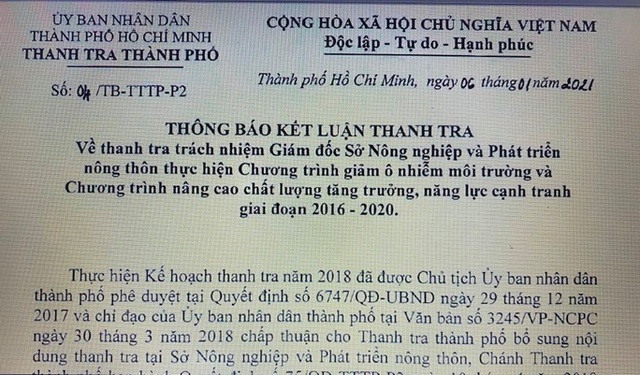  Kết luận thanh tra về trách nhiệm Giám đốc Sở NN & PTNT TP HCM  - Ảnh 1.