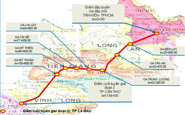 Hướng tuyến dự kiến của dự án đường sắt TP HCM - Cần Thơ.