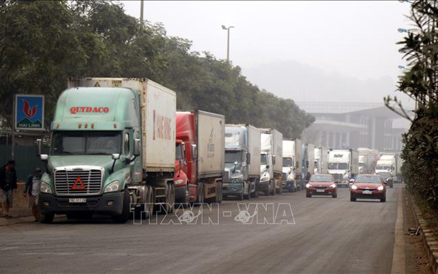 Hàng trăm xe ùn tắc tại cửa khẩu đường bộ số II Kim Thành chờ thông quan. Ảnh: Quốc Khánh/TTXVN