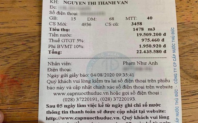 Hóa đơn tiền nước hơn 22 triệu đồng của gia đình chị Vân. Ảnh: ĐT.