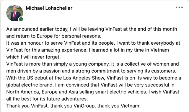 Cựu Tổng giám đốc VinFast toàn cầu nói gì sau quyết định rời vị trí? - Ảnh 1.