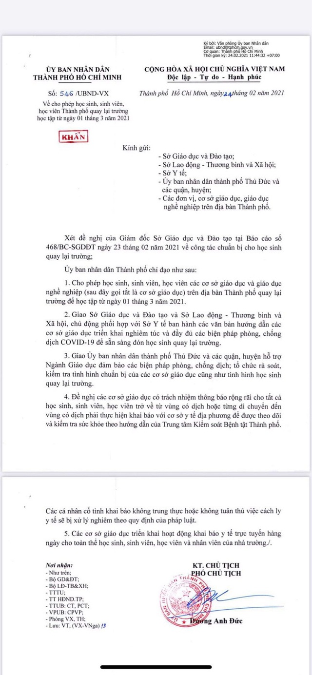 CHÍNH THỨC: Học sinh các cấp tại TP. HCM đi học lại từ ngày 1/3 - Ảnh 1.