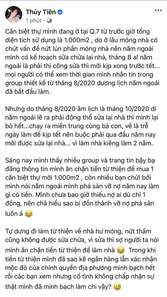 Thuỷ Tiên lên tiếng cực căng vì bị tung tin vỡ nợ, ăn chặn tiền từ thiện để mua biệt thự 1000m2 - Ảnh 1.