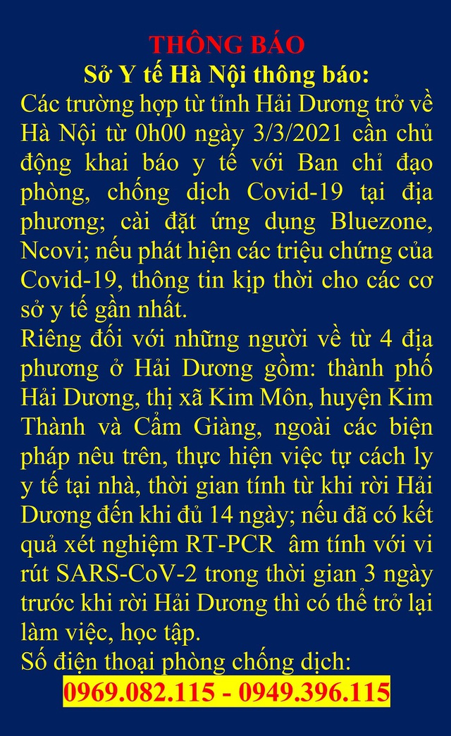 Người về Hà Nội từ 4 địa điểm này ở Hải Dương phải cách ly từ ngày 3/3 - Ảnh 1. Người về Hà Nội từ 4 địa điểm này ở Hải Dương phải cách ly từ ngày 3/3 - Ảnh 1.