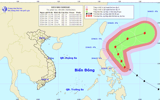 Siêu bão SURIGAE suy yếu dần từ hôm nay 20/4