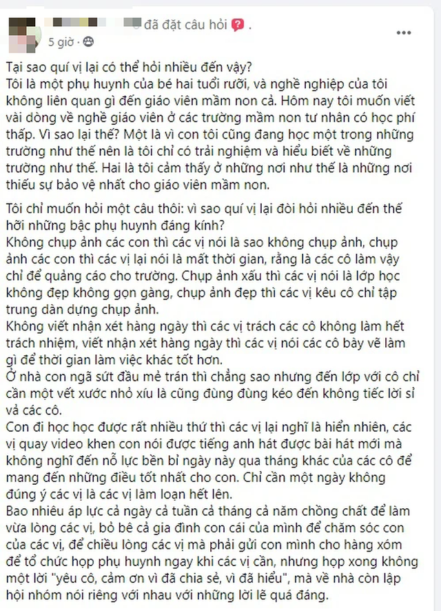 Tại sao quý vị lại có thể hỏi nhiều đến vậy?: Bài viết của một ông bố nhắm thẳng vào phụ huynh có con học mầm non khiến dư luận dậy sóng - Ảnh 1.