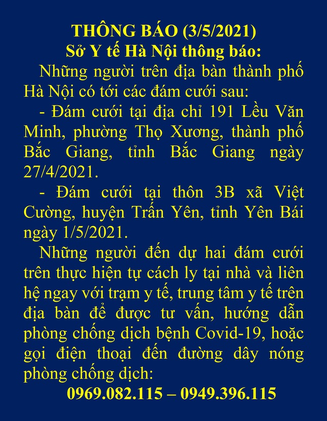 Hà Nội thông báo khẩn tìm người dự đám cưới tại Bắc Giang và Yên Bái - Ảnh 1.