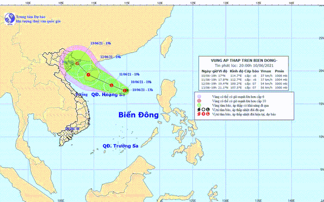 Vị trí và hướng di chuyển của vùng áp thấp trên Biển Đông. (Nguồn: nchmf.gov.vn)
