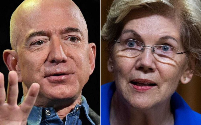 Tỷ phú Jeff Bezos (trái) và Thượng Nghị sỹ Elizabeth Warren. (Ảnh: BI)