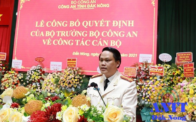 Đại tá Bùi Quang Thanh - Tân Giám đốc Công an tỉnh Đắk Nông phát biểu nhận nhiệm vụ. ( Ảnh: Công an Đắk Nông)