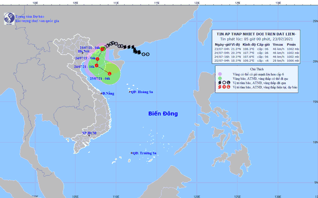 Vị trí và hướng di chuyển của áp thấp nhiệt đới suy yếu từ bão số 3. (Nguồn: nchmf.gov.vn)