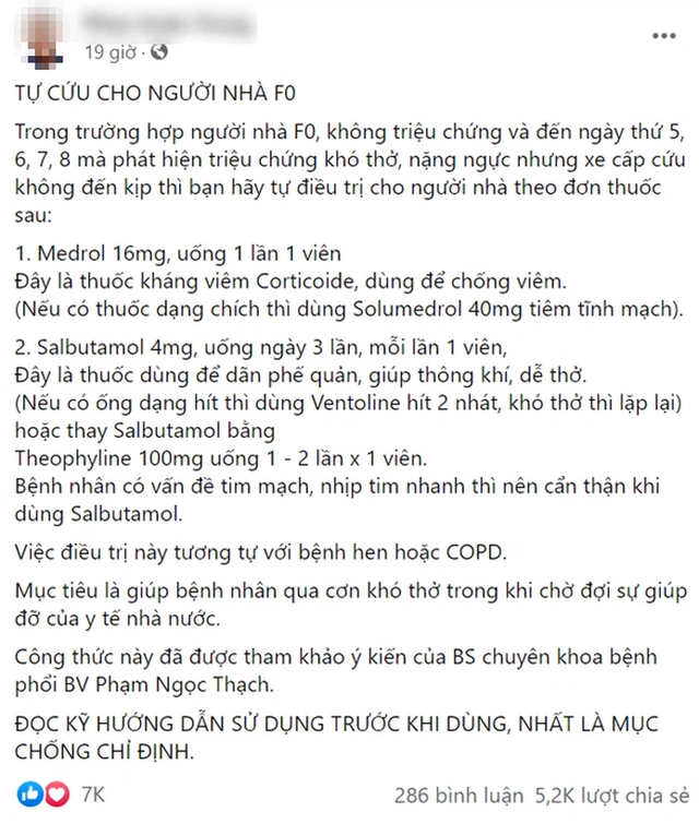 Lan truyền đơn thuốc tự cứu cho người nhà F0 xuất hiện triệu chứng nặng trên MXH: Chuyên gia lên tiếng phản bác - Ảnh 1.