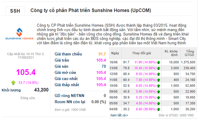 Tăng trần 10 phiên liên tiếp, Sunshine Homes gia nhập nhóm vốn hóa trên 1 tỷ USD - Ảnh 1.