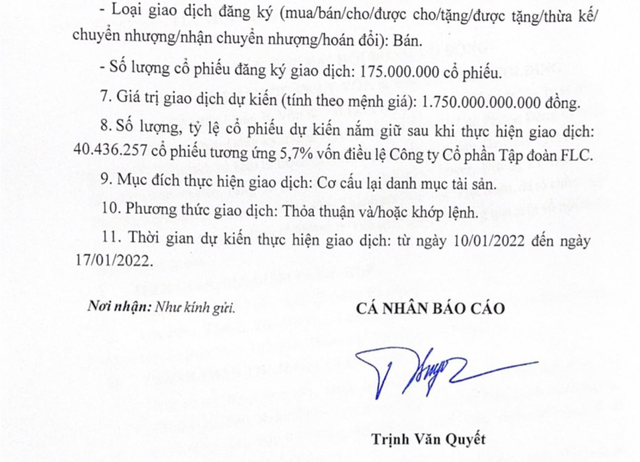 Ông Trịnh Văn Quyết bất ngờ đăng ký bán 175 triệu cổ phiếu FLC từ ngày 10/1 - Ảnh 1.