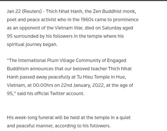 Đài truyền hình Mỹ tưởng nhớ Thiền sư Thích Nhất Hạnh trên bản tin giờ vàng, hàng loạt báo đài quốc tế ca ngợi sư thầy đáng kính - Ảnh 6.