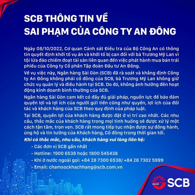 SCB khẳng định Công ty An Đông không phải cổ đông, bà Trương Mỹ Lan không giữ chức vụ quản lý, điều hành tại SCB - Ảnh 1.