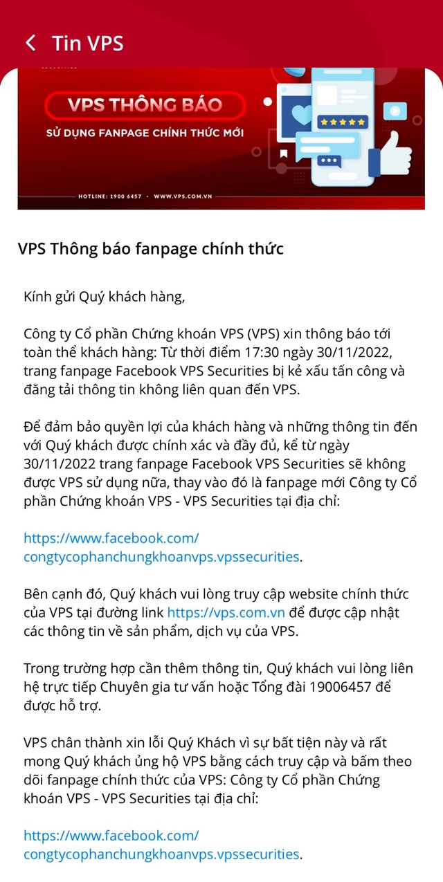 Chứng khoán VPS nói gì về dòng trạng thái có nội dung 'han cuoc doi' trên Fanpage Facebook?