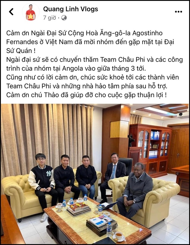 Quang Linh Vlog vừa về nước không lâu, hết được xuất hiện cùng Hoa hậu Thùy Tiên thì nay lại được Đại sứ Cộng hòa Angola ở Việt Nam mời gặp mặt  - Ảnh 1.