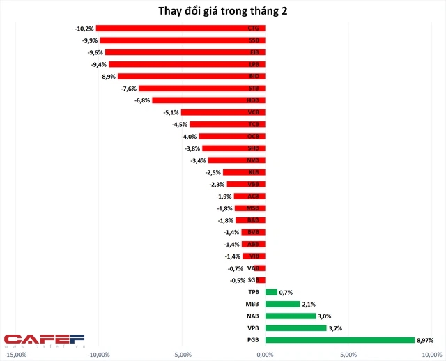 Cổ phiếu ngân hàng giảm sâu trong tháng 2, vốn hoá các ngân hàng Việt bốc hơi hơn 4 tỷ USD - Ảnh 1.