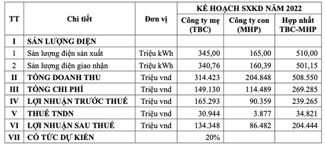 Thuỷ điện Thác Bà (TBC) đặt mục tiêu lãi sau thuế 204 tỷ đồng năm 2022, dự kiến chia cổ tức tỷ lệ 25% cho năm 2021 - Ảnh 1.