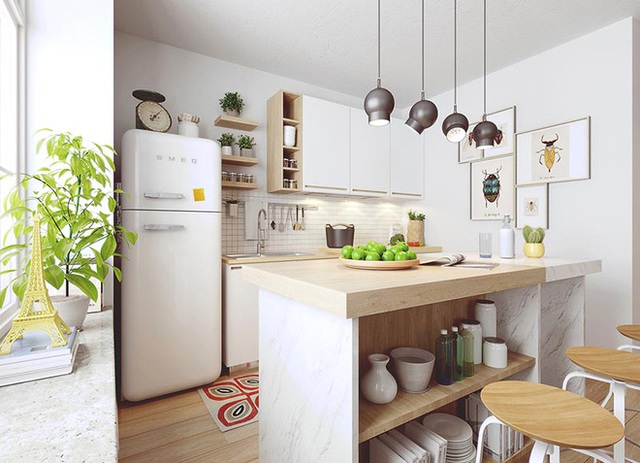 Căn bếp nhỏ đẹp tinh tế và hiện đại vì được sơn trắng toàn bộ không gian kết hợp nội thất gỗ - Ảnh 1.