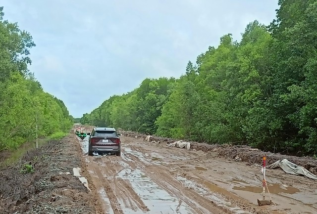 Bùn ngập lút bánh ô tô trên con đường chống ngập ở Cà Mau - Ảnh 6.