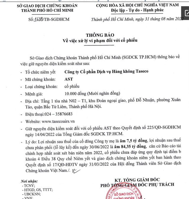 Vì sao cổ phiếu AST bị giữ nguyên diện kiểm soát? - Ảnh 2.