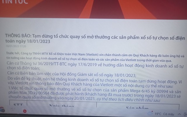 Do vấn đề kỹ thuật nên hệ thống kinh doanh xổ số tạm dừng hoạt động