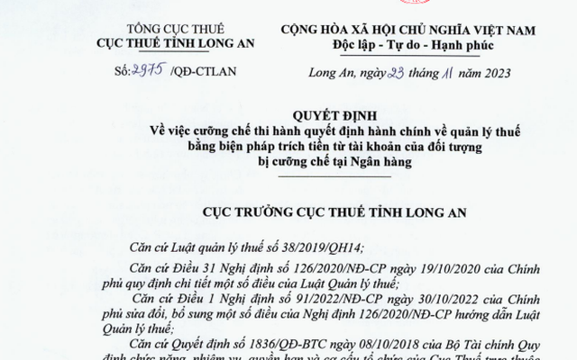 Một công ty bất động sản tại Long An bị cưỡng chế khoản nợ thuế gần 53 triệu đồng