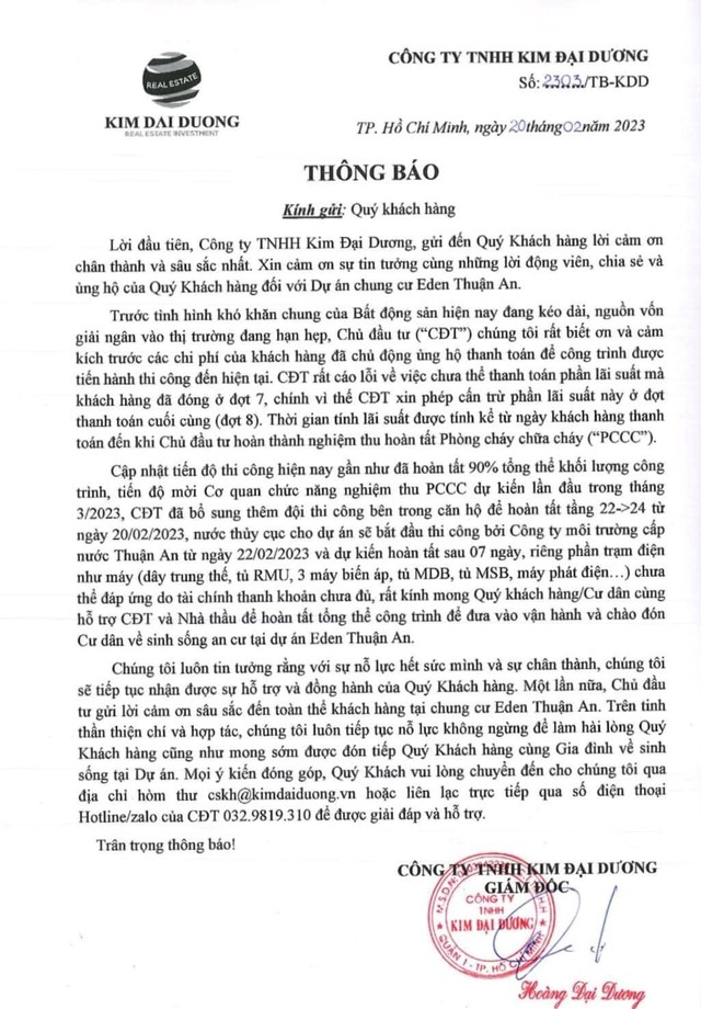 Một chủ đầu tư ở TP.HCM thông báo dừng thanh toán lãi suất cho người mua nhà vì thị trường khó khăn - Ảnh 1.