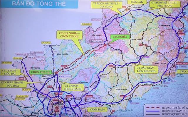 Bản đồ hướng tuyến dự án cao tốc Gia Nghĩa (Đắk Nông) - Chơn Thành (Bình Phước). Ảnh: Dương Giang/TTXVN