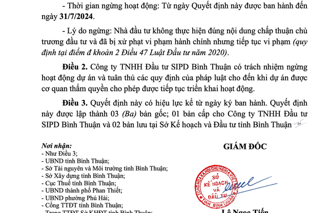 Bình Thuận ra quyết định ngừng hoạt động 2 dự án khu du lịch từ cuối tháng 7/2024