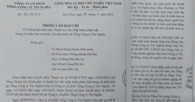 Tổng Công ty Tín Nghĩa nói gì sau kết luận thanh tra?