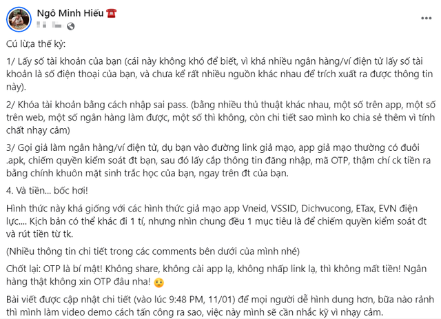 Hiếu PC cảnh báo "cú lừa thế kỷ": Ngân hàng thông báo khóa tài khoản, làm theo hướng dẫn là tiền... bốc hơi- Ảnh 1.