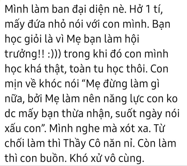 Con trai khóc xin mẹ đừng làm Ban đại diện phụ huynh nữa: Quyết định của người mẹ TP.HCM gây tranh cãi- Ảnh 1. Con trai khóc xin mẹ đừng làm Ban đại diện phụ huynh nữa: Quyết định của người mẹ TP.HCM gây tranh cãi- Ảnh 1.