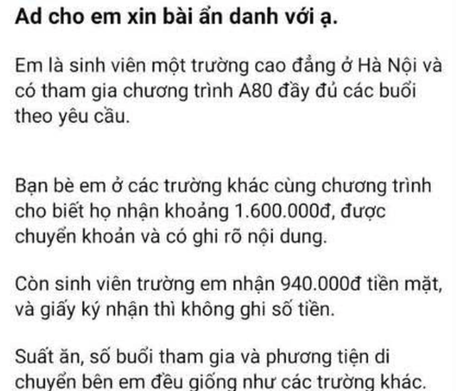 Chỉ nhận 940.000 đồng tiền tập luyện A80, sinh viên tố trường "mập mờ": Hiệu trưởng đổi vé gấp về Hà Nội