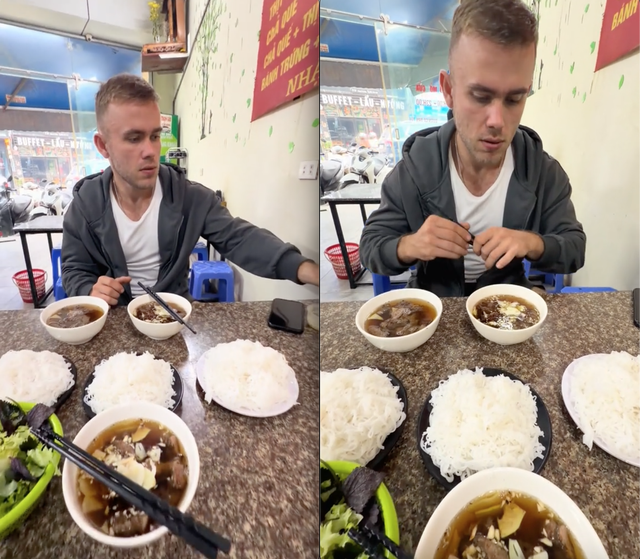 Nhìn khách Tây ăn bún chả, dân mạng Việt hết hồn vì "tưởng anh ấy vừa đi bốc vác về" - Ảnh 2.