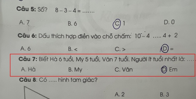 Bài Toán lớp 1 khiến phụ huynh “nhức đầu”, con làm sai nhưng nghe lời giải thích cũng rất hợp lý- Ảnh 1.