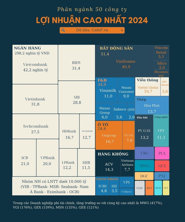 Top 50 lợi nhuận 2024 vẫn là cuộc áp đảo của ngân hàng và BĐS, BSR, KBC, HAG, NVL 'biến mất' trong khi 2 công ty họ GELEX trỗi dậy- Ảnh 1.