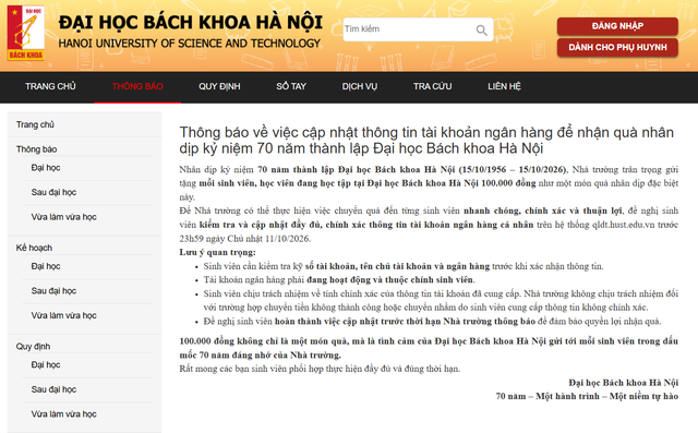 Đại học Bách khoa Hà Nội tặng mỗi sinh viên 100.000 đồng, chuyển vào tài khoản ngân hàng - Ảnh 1.
