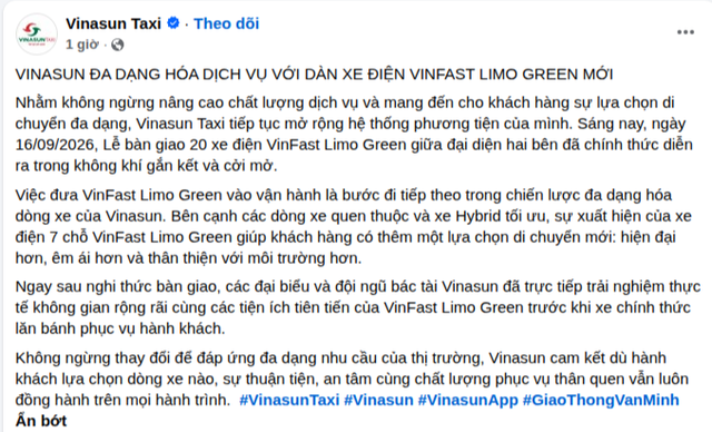 Giữa sức ép taxi điện, Vinasun lập tức bổ sung VinFast Limo Green vào đội xe - Ảnh 2.