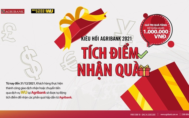 Tích điểm nhận quà đến 1 triệu khi nhận hoặc chuyển tiền qua dịch vụ WU tại Agribank