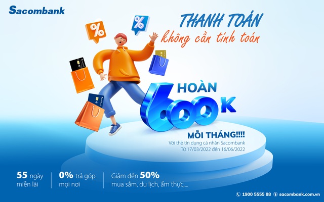 Hoàn tiền hấp dẫn khi thanh toán bằng thẻ tín dụng Sacombank