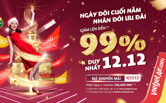 Đại tiệc quà đôi 12/12 từ Vietjet, ưu đãi lên đến 99%