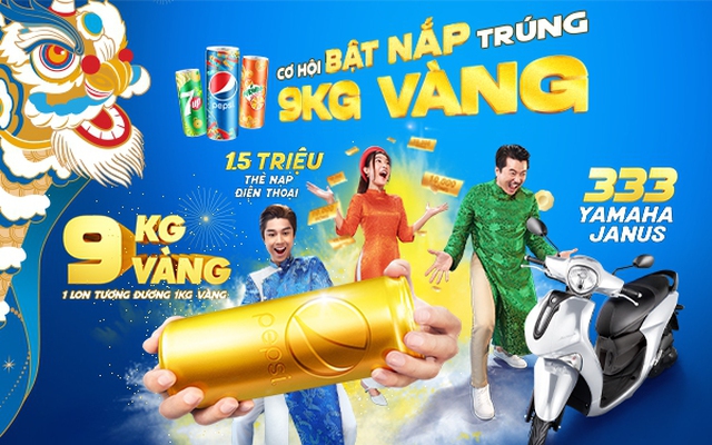 Cơ hội trúng 9kg vàng khi bật nắp Pepsi, 7UP và Mirinda